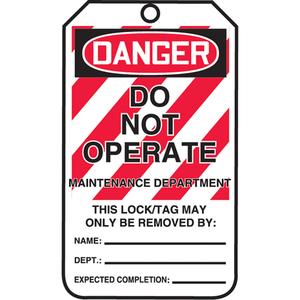 Lockout Tags - Plastic, English, 3-3/8", 5-7/8", Danger Do Not Operate Maintenance Department