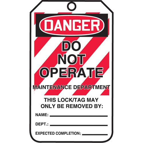 Lockout Tags - Plastic, English, 3-3/8", 5-7/8", Danger Do Not Operate Maintenance Department