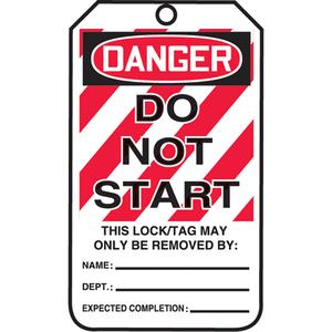 Lockout Tags - Plastic, English, 3-3/8", 5-7/8", Danger Do Not Start, 25, Package