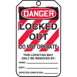 Lockout Tags - Plastic, English, 3-3/8", 5-7/8", 3/8", Danger Locked Out Do Not Operate