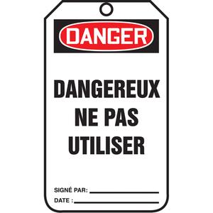 Lockout Tags - Cardstock, French, 3-1/8", 5-7/8", Danger Dangereux Ne Pas Utiliser, 3/8", 25, Package