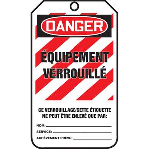 Lockout Tags - Plastic, French, 3-3/8", 5-7/8", Danger Équipement Verrouillé, 25, 3/8", Package