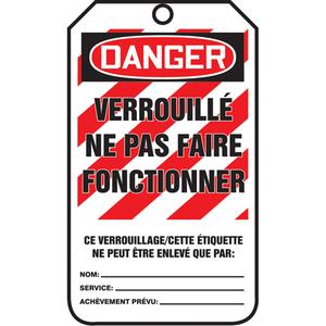 Lockout Tags - Cardstock, French, 3-1/8", 5-7/8", Danger Verrouillé Ne Pas Faire Fonctionner, 3/8"
