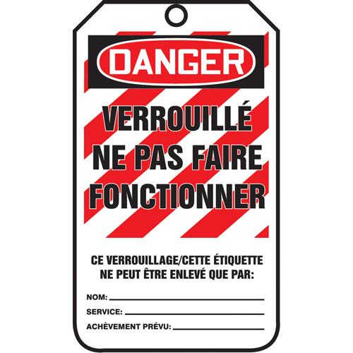 Lockout Tags - French, Plastic, 3-3/8", 5-7/8", Danger Verrouillé Ne Pas Faire Fonctionner, 5, Package