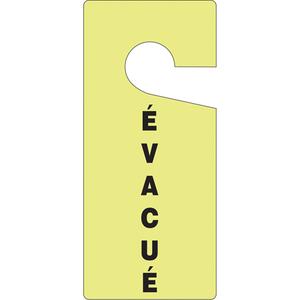 "Évacué" Door Knob Safety Tags - Plastic, 9", 4", Hanging, French, Fire and Emergency, Évacué, Glow
