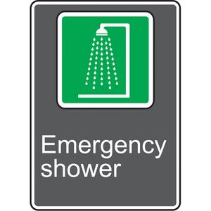 Emergency Shower CSA Standard Safety Sign - Plastic, Vinyl, Aluminum, 14", 10", Bolt-On, English with Pictogram, First Aid, Emergency Shower; Shower Pictogram
