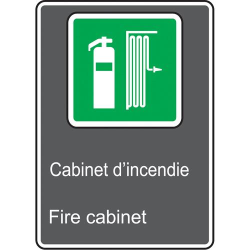 Cabinet d'incendie / Fire Cabinet CSA Standard Safety Sign - Vinyl, Plastic, Aluminum, 14", 10", Adhesive, Bilingual with Pictogram, Fire and Emergency, Cabinet D'Incendie; Fire Cabinet w/Pictogram