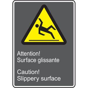 Surface glissant / Slippery Surface CSA Standard Safety Sign - Vinyl, Plastic, Aluminum, 14", 10", Adhesive, Bilingual with Pictogram, Housekeeping and Hygiene