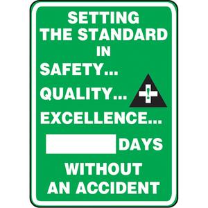 Write-a-day Scoreboards - Plastic, 20", 14", Bolt-On, English with Pictogram, Safety Incentive and Motivational, Setting The Standard In Safety Quality Excellence - _ Days Without An Accident