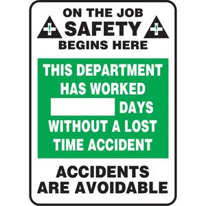 Write-a-day Scoreboards - Plastic, 20", 14", Bolt-On, English with Pictogram, Safety Incentive and Motivational, This plant has worked XX days without a lost time accident…