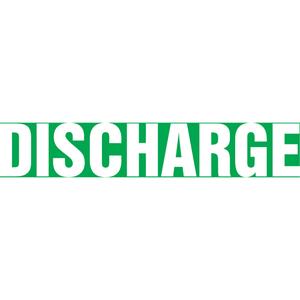 "Discharge" Pipe Marker - Vinyl, White on Green, 1-1/2" - 2", 1-1/2", 8", 3/4", English, Self-Adhesive, SSB
