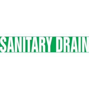 "Sanitary Drain" Pipe Marker - Vinyl, White on Green, 1-1/2" - 2", 1-1/2", 8", 3/4", English, Self-Adhesive, SSB