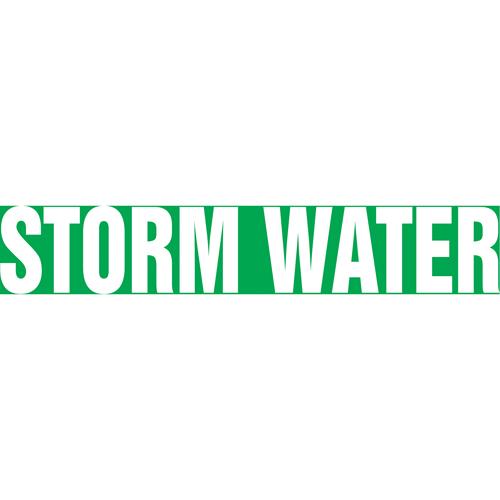 "Storm Water" Pipe Marker - Vinyl, White on Green, 1-1/2" - 2", 1-1/2", 8", 3/4", English, Self-Adhesive, SSB