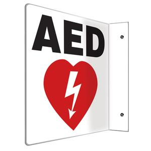 "AED" Glow-In-The-Dark Projection™ Sign - Plastic, 8", 8", Bolt-On, English with Pictogram, First Aid, AED w/Pictogram, 1-1/2", 90°