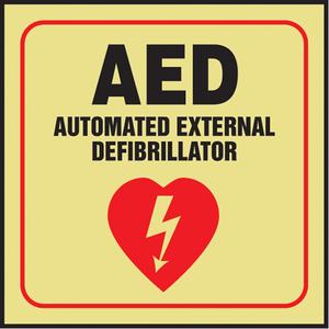 "AED" Glow-In-The-Dark Projection™ Sign - Plastic, 6", 5", Bolt-On, English with Pictogram, First Aid, AED Automated External Defibrillator w/Pictogram