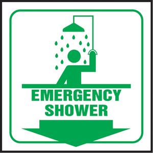 "Emergency Shower" Projection™ Sign - Plastic, 6", 5", Bolt-On, English with Pictogram, First Aid, Emergency Shower w/Downward Arrow & Pictogram