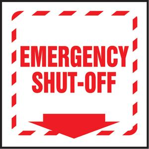 "Emergency Shut-Off" Projection™ Sign - Plastic, 6", 5", Bolt-On, English with Pictogram, Fire and Emergency, Emergency Shut-Off w/Downward Arrow