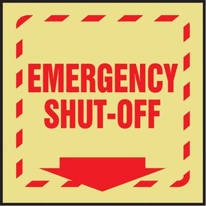 "Emergency Shut-Off" Glow-In-The-Dark Projection™ Sign - Plastic, 8", 8", Bolt-On, English with Pictogram, Housekeeping and Hygiene, Emergency Shut-Off w/Downward Arrow