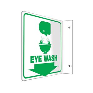 "Eye Wash" Projection™ Sign - Plastic, 8", 8", Bolt-On, English with Pictogram, First Aid, 90°, 1-1/2", Eye Wash w/Pictogram & Downward Arrow