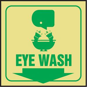 "Eye Wash" Glow-In-The-Dark Projection™ Sign - Plastic, 6", 5", Bolt-On, English with Pictogram, First Aid, Eye Wash w/Downward Arrow & Pictogram