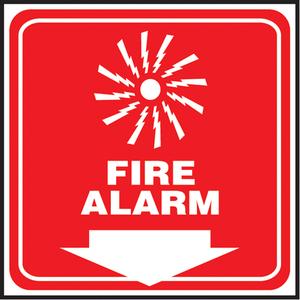 "Fire Alarm" Projection™ Sign - Plastic, 6", 5", Bolt-On, English with Pictogram, Fire and Emergency, Fire Alarm w/Downward Arrow & Pictogram