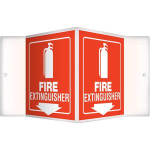 "Fire Extinguisher" Projection™ Sign - Plastic, 6", 5", Bolt-On, English with Pictogram, Fire and Emergency, 4", 3D, Fire Exit w/Pictogram & Downward Arrow