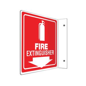 "Fire Extinguisher" Projection™ Sign - Plastic, 8", 8", Bolt-On, English with Pictogram, Fire and Emergency, Fire Extinguisher w/Pictogram & Downward Arrow, 90°, 1-1/2"