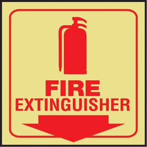 "Fire Extinguisher" Glow-In-The-Dark Projection™ Sign - Plastic, 6", 5", Bolt-On, English with Pictogram, Fire and Emergency, 4", Fire Extinguisher w/Pictogram & Downward Arrow, 3D