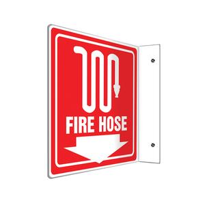 "Fire Hose" Projection™ Sign - Plastic, 8", 8", Bolt-On, English with Pictogram, Fire and Emergency, 90°, Fire Hose w/Pictogram & Downward Arrow, 1-1/2"