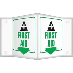 "First Aid" Projection™ Sign - Plastic, 6", 8-1/2", Bolt-On, English with Pictogram, First Aid, First Aid with Pictogram and Downward Arrow, 4", 3D