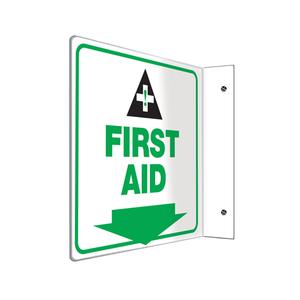 "First Aid" Projection™ Sign - Plastic, 8", 8", Bolt-On, English with Pictogram, First Aid, 90°, 1-1/2", First Aid w/Pictogram & Downward Arrow