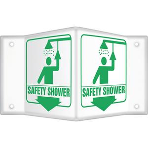 "Safety Shower" Projection™ Sign - Plastic, 6", 5", Bolt-On, English with Pictogram, First Aid, Safety Shower w/Pictogram & Downward Arrow