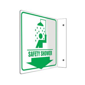 "Safety Shower" Projection™ Sign - Plastic, 8", 8", Bolt-On, English with Pictogram, First Aid, Safety Shower w/Pictogram & Downward Arrow, 90°