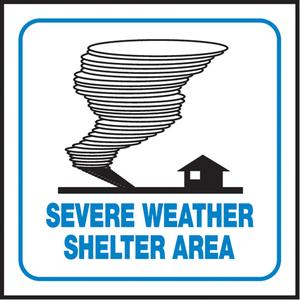 "Severe Weather Shelter Area" Projection™ Sign - Plastic, 6", 5", Bolt-On, English with Pictogram, Specific Hazards, Severe Weather Shelter Area w/Graphic