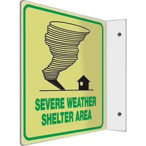 Glow-in-the-Dark Projection™ “Severe Weather Shelter Area” Safety Sign - Plastic, 8", 8", Bolt-On, English with Pictogram, Specific Hazards, First Aid Station w/Pictogram