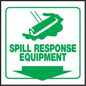 "Spill Response Equipment" Projection™ Sign - Plastic, 6", 5", Bolt-On, English with Pictogram, Chemicals and Hazardous Materials, Spill Response Equipement w/Pictogram & Downward Arrow