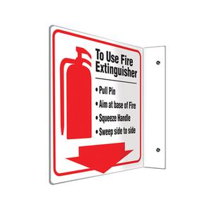 "To Use Fire Extinguisher" Projection™ Sign - Plastic, 8", 8', Bolt-On, English with Pictogram, Fire and Emergency, To Use Fire Extinguisher_Pull Pin_Aim at base of Fire_Squeeze Handle_Sweep side to side
