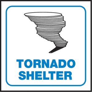 "Tornado Shelter" Projection™ Sign - Plastic, 6", 5", Bolt-On, English with Pictogram, Specific Hazards, Tornado Shelter w/Pictogram