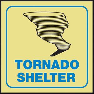 "Tornado Shelter" Glow-In-The-Dark Projection™ Sign - Plastic, 6", 5", Bolt-On, English with Pictogram, Specific Hazards, Tornado Shelter w/Pictogram