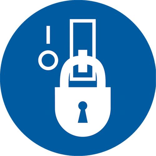 Lockout in De-Energized State ISO Mandatory Safety Labels - Vinyl, 4", 4", Adhesive, Pictogram, Specific Hazards