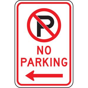 "No Parking" Sign - Aluminum, 18", 12", Bolt-On, English with Pictogram, Traffic, No Parking w/Pictogram & Left Arrow