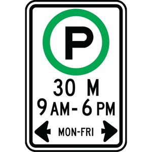 Parking Hours Sign - Aluminum, 18", 12", Bolt-On, English with Pictogram, Traffic, 30 M, 9 AM - 6 PM Mon-Fri w/Arrows & Parking Pictogram