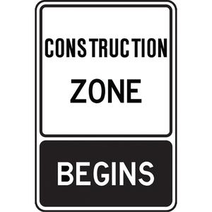 "Construction Zone Begins" Temporary Sign - Aluminum, 36", 24", Bolt-On, English, Construction, Construction Zone Begins