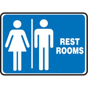 "Rest Rooms" Sign - Plastic, Aluminum, 7", 10", Bolt-On, English with Pictogram, Housekeeping and Hygiene, Restrooms w/Mens & Womens Pictogram