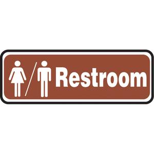"Rest Room" Sign - Aluminum, Plastic, 3", 10", Bolt-On, English with Pictogram, Housekeeping and Hygiene, Restrooms w/Mens & Womens Pictogram
