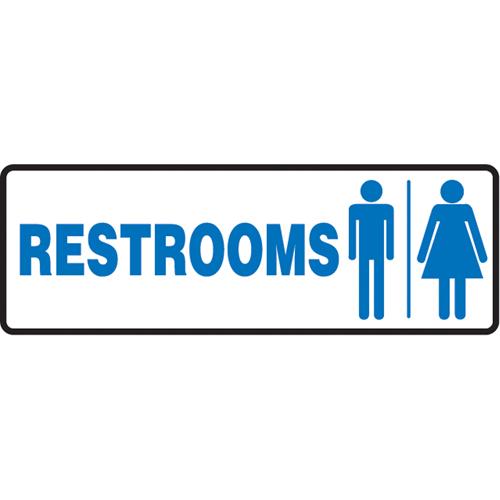 "Rest Rooms" Sign - Plastic, Aluminum, 4", 10", Bolt-On, English with Pictogram, Housekeeping and Hygiene, Restrooms w/Mens & Womens Pictogram