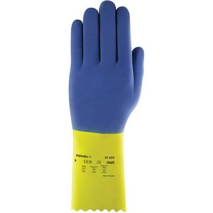 AlphaTec® 87-224 Medium-Duty Gloves - 7, 9, 13", 27-mil, Pinked, Rubber Latex, Flock-Lined/Cotton, EN 374:2016-1 Type A/EN 374:2016-2/EN 374:2016-5 VIRUS, AKLNPT, Blue & Yellow