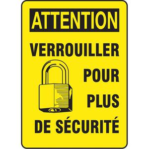 "Verrouiller" Sign - Aluminum, Plastic, Vinyl, 14", 10", Bolt-On, French with Pictogram, Specific Hazards, Attention; Verrouiller Pour Plus De Sécurité w/Pictogram