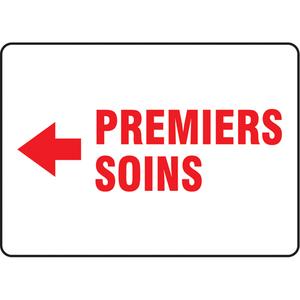 "Premiers Soins" Sign - Aluminum, Plastic, Vinyl, 7", 10", Bolt-On, French with Pictogram, First Aid, Premiers Soins w/Left Arrow