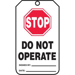 Safety Tags - English, Plastic, 3-1/8", 5-7/8", Stop Do Not Operate